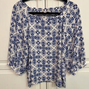 LOFT Blue and White Patterned Blouse. Cottagecore French Country. Size LP.
